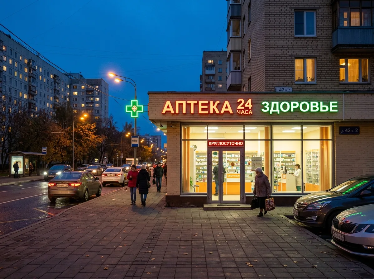 Аптека в жилом квартале юго-западного округа Москвы, вечернее освещение витрины, уличный вид