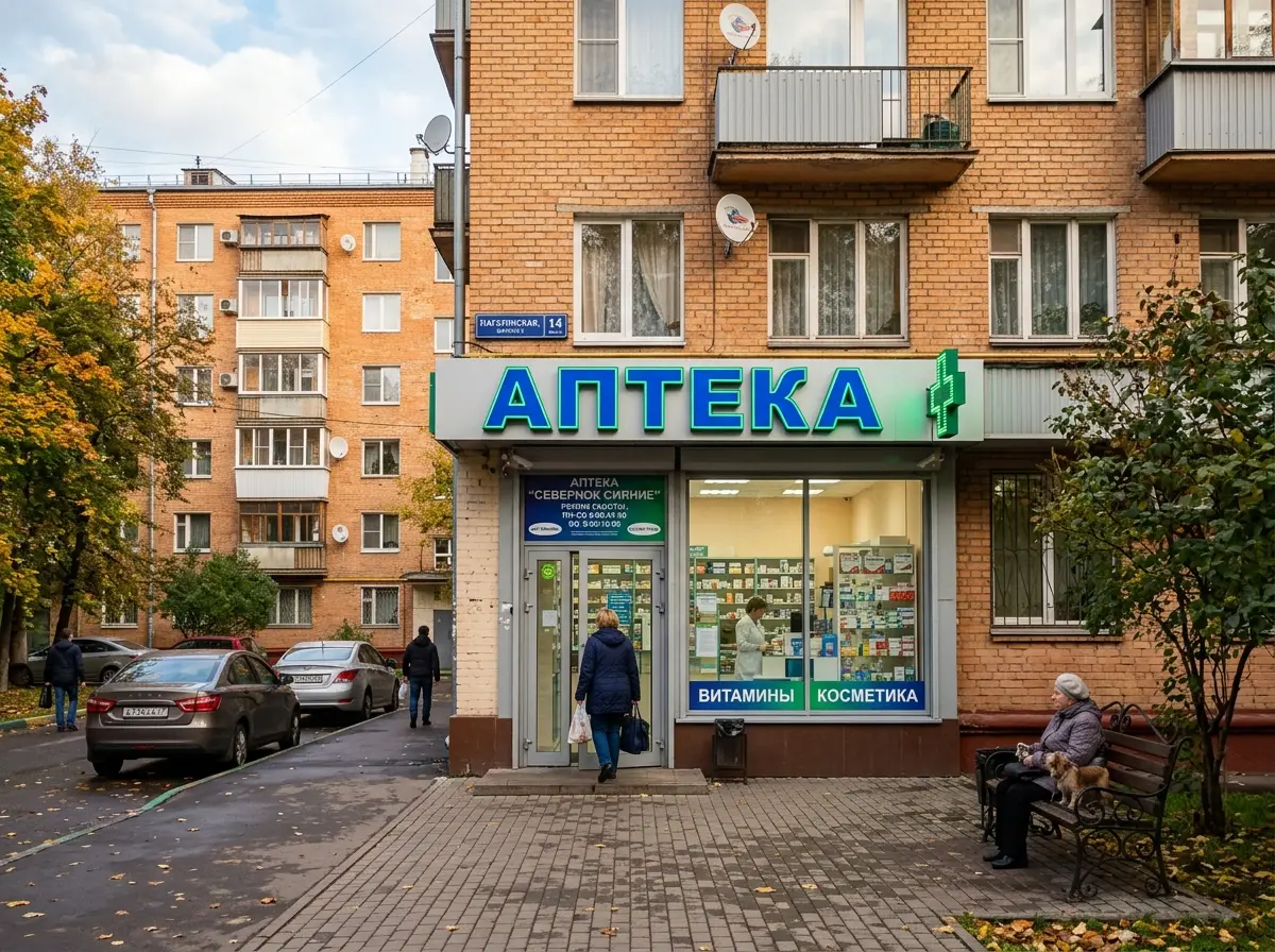 Небольшая аптека в жилом доме в южном округе Москвы, формат у дома, утренний свет