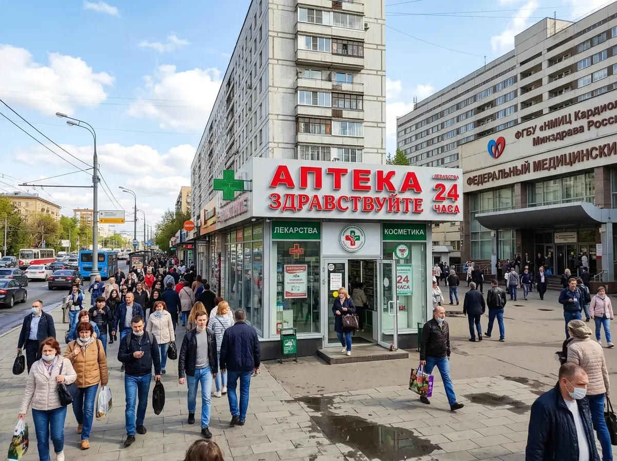 Аптека рядом с федеральным медицинским центром в Москве, высокий пешеходный трафик, дневное освещение