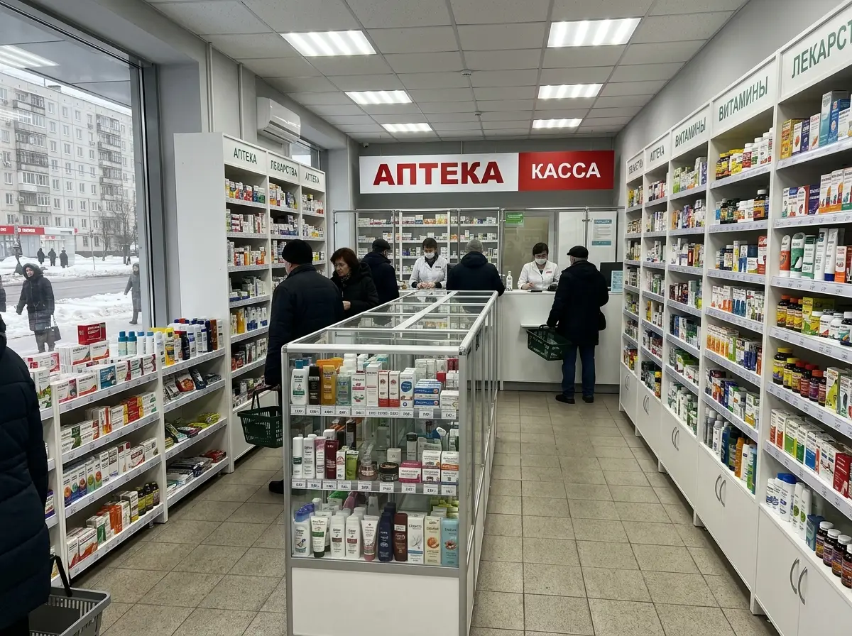 Действующая аптека в Москве с товарным остатком на полках, интерьер с открытой витриной, деловая обстановка