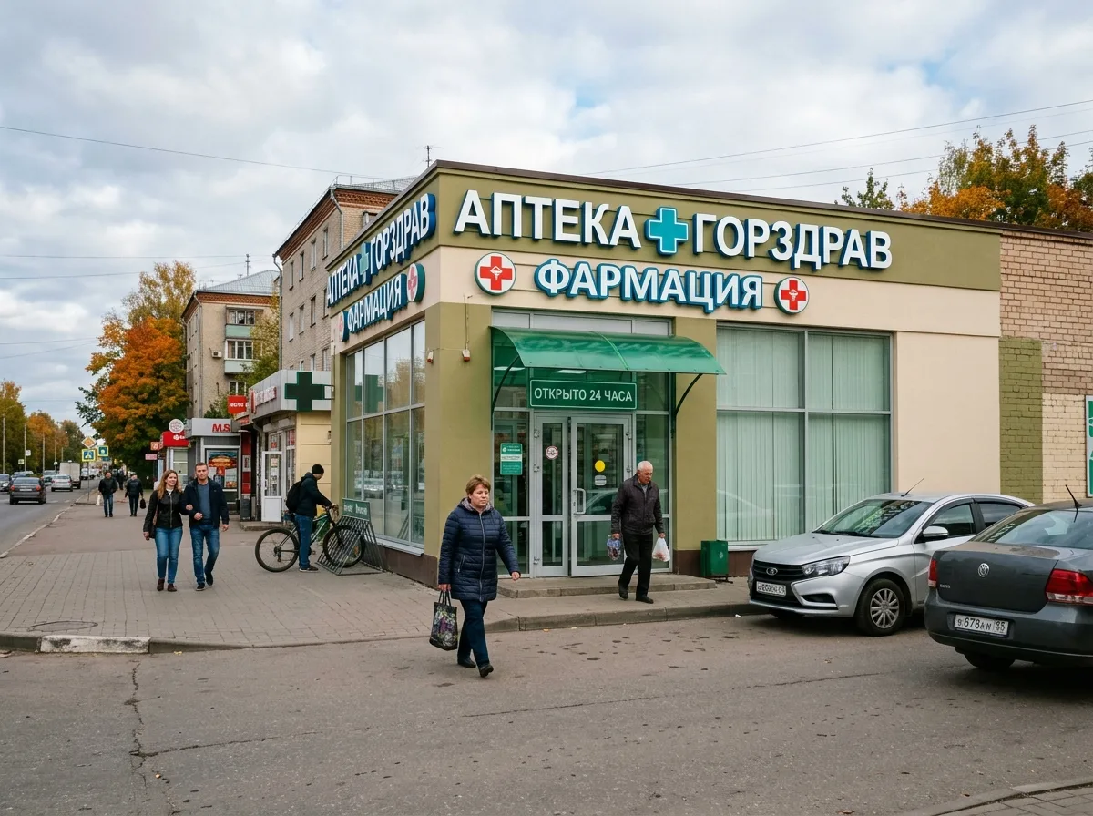 Сеть аптек в подмосковном Дмитрове, внешний вид торговой точки, подмосковная улица