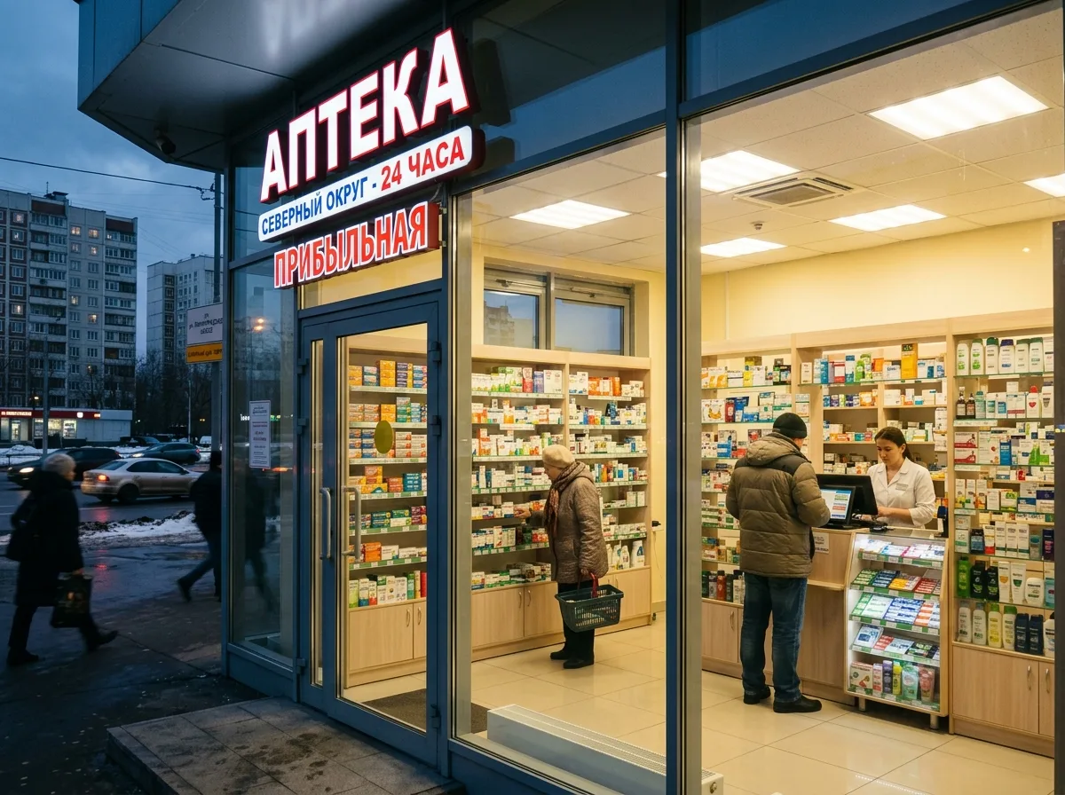 Прибыльная аптека с товарными полками в северном округе Москвы, светлый торговый зал