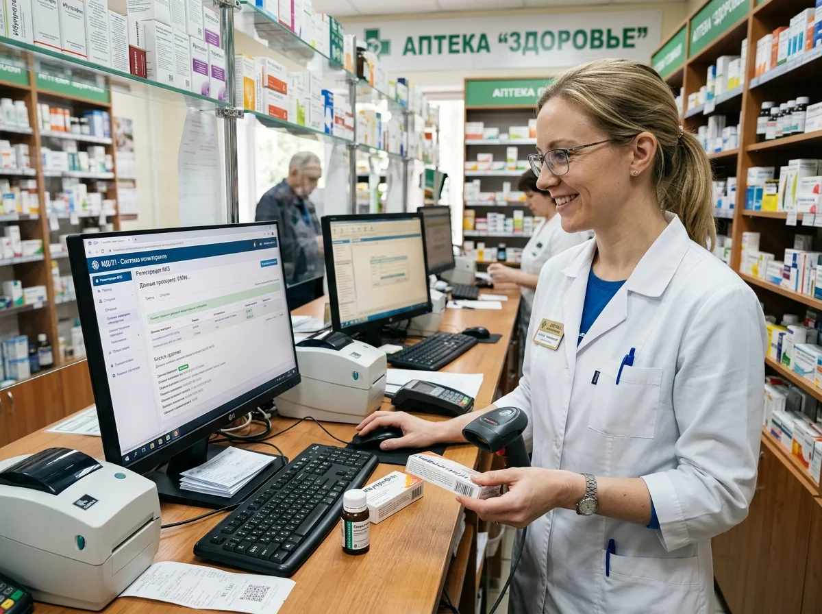 Фармацевт за работой в аптеке с компьютером и системой учёта лекарственных препаратов МДЛП
