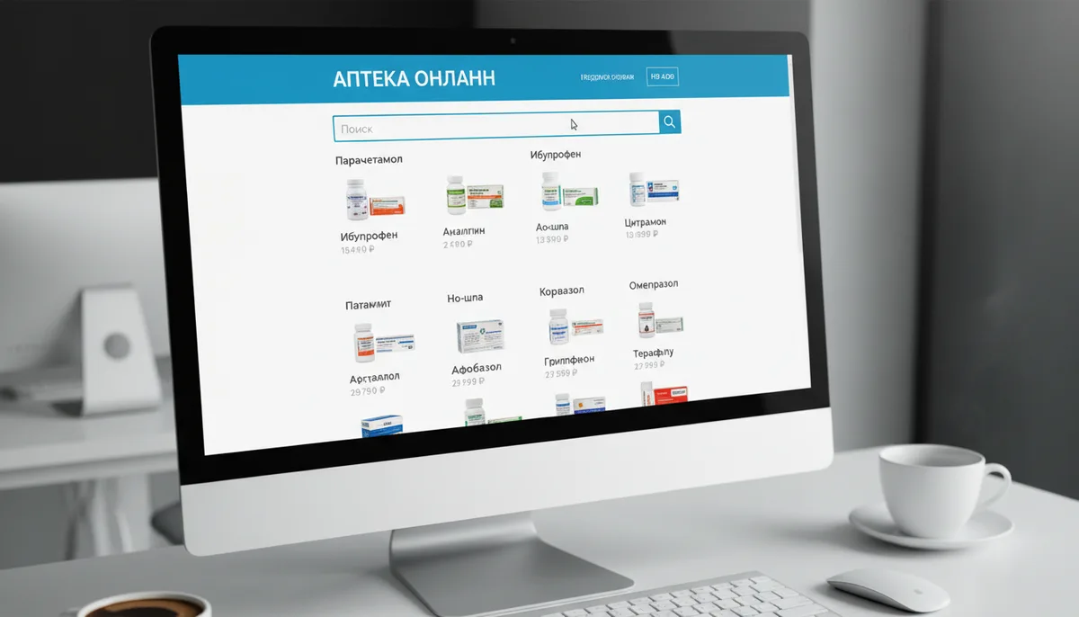 Экран компьютера с аптечным онлайн-каталогом, список медицинских препаратов, поисковая строка