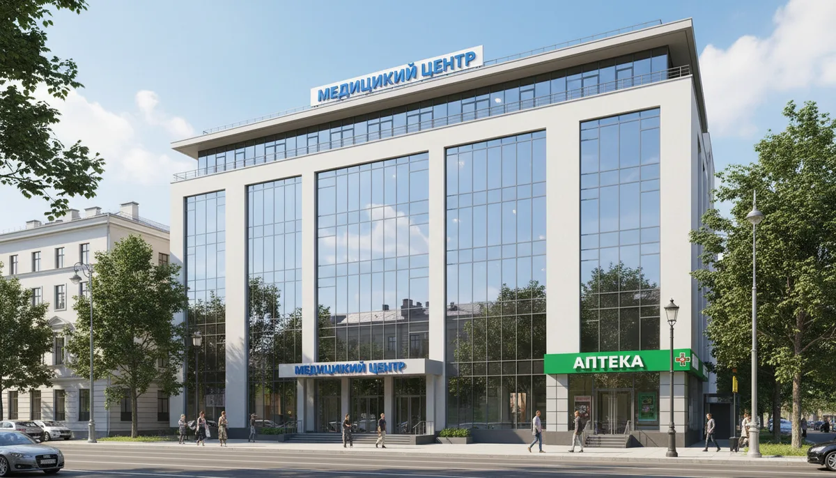 Фасад медицинского центра рядом с аптечной вывеской, городская улица, дневное освещение