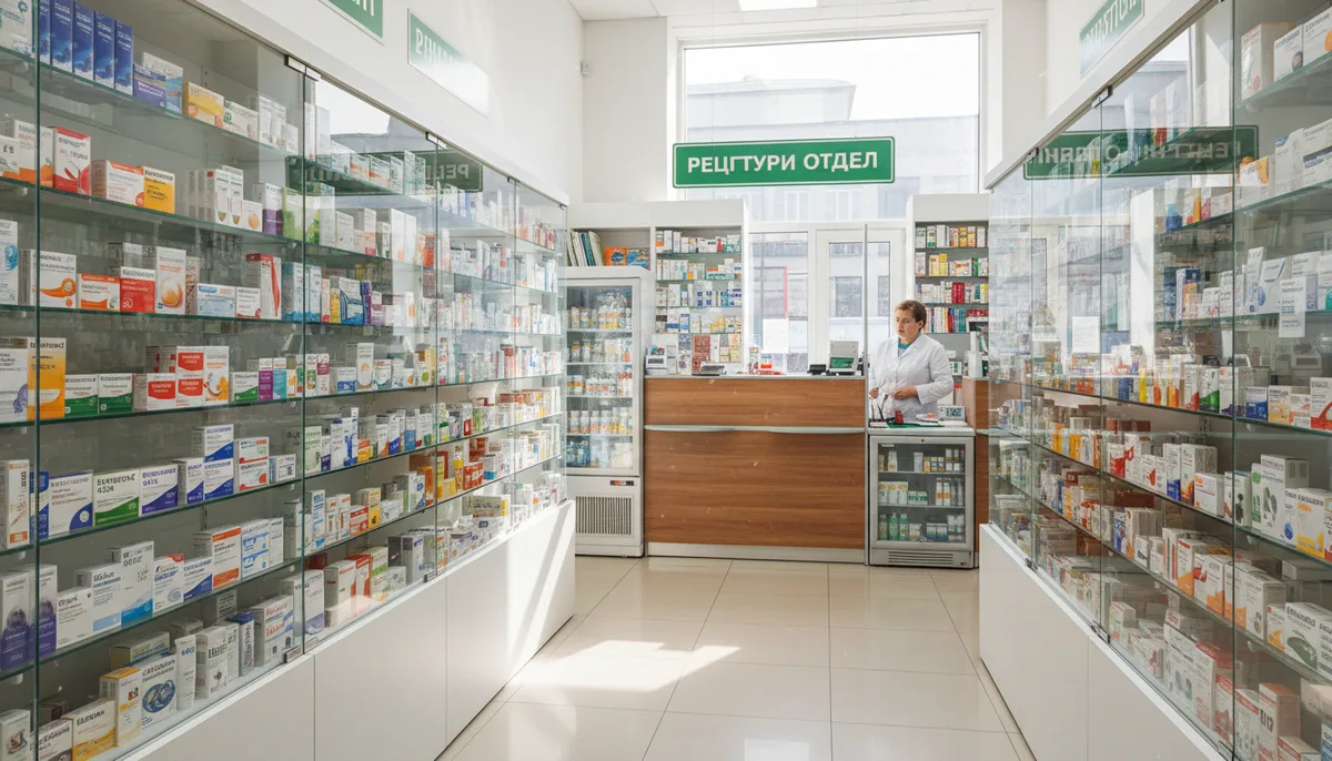Аптечные витрины с лекарственными упаковками, рецептурный отдел, дневное освещение