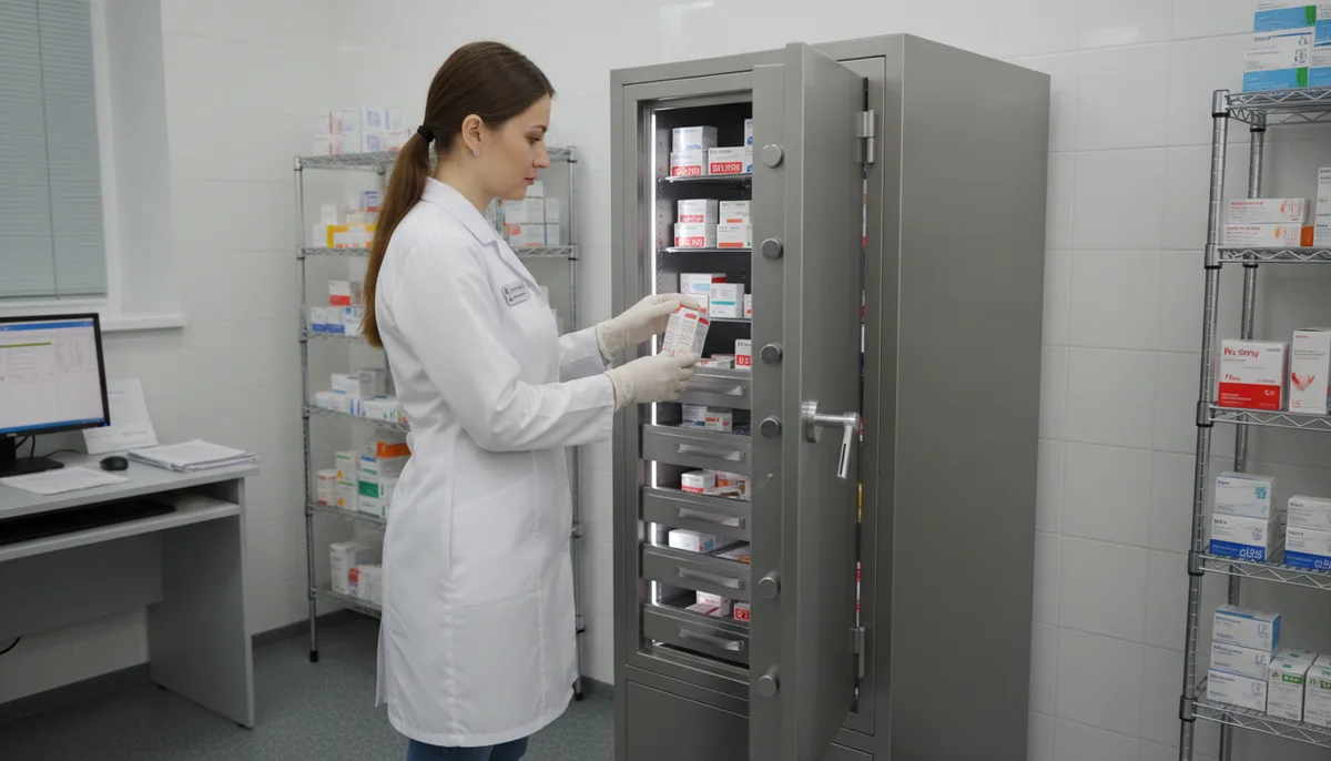 Фармацевт в белом халате у сейфа с рецептурными лекарствами, аптечное помещение, металлический шкаф