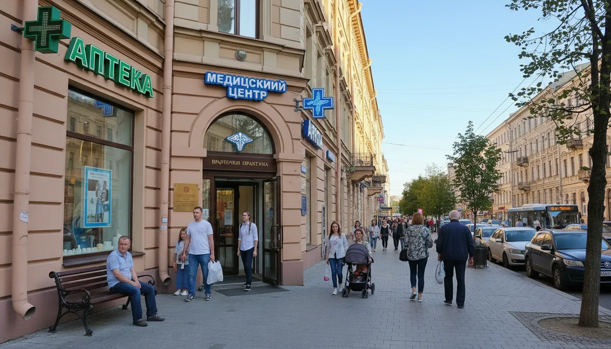 Городская улица с аптечной вывеской, рядом вход в медицинское учреждение, пешеходы, дневной свет