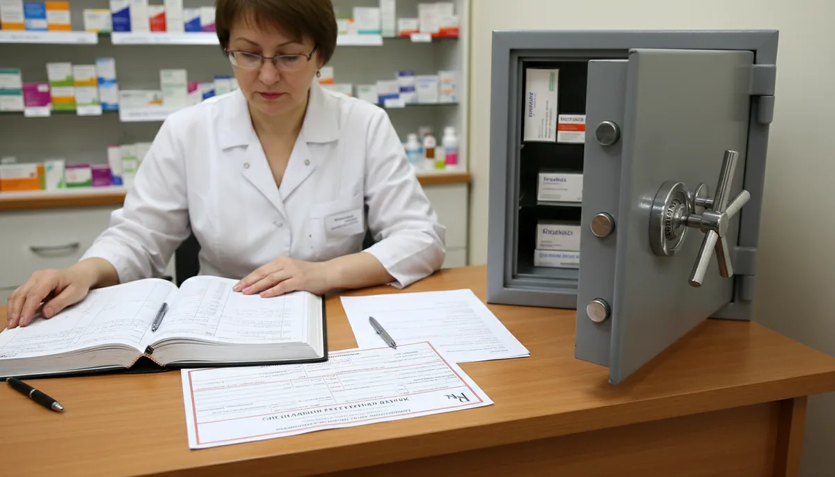 Провизор за рабочим столом с журналом учёта, специальный рецептурный бланк, защитный сейф