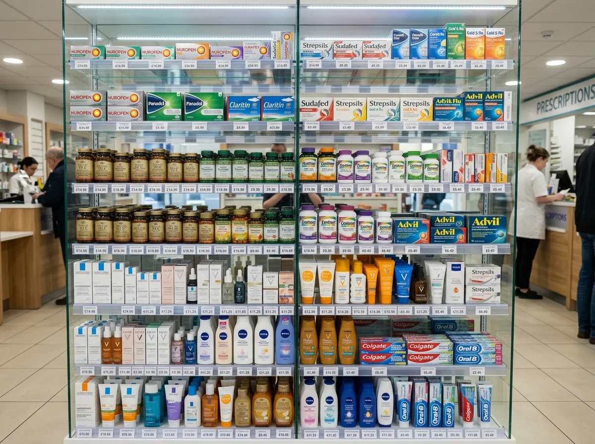 Витрина аптеки с разнообразным ассортиментом лекарств, витаминов и косметики, хорошо организованные полки с ценниками