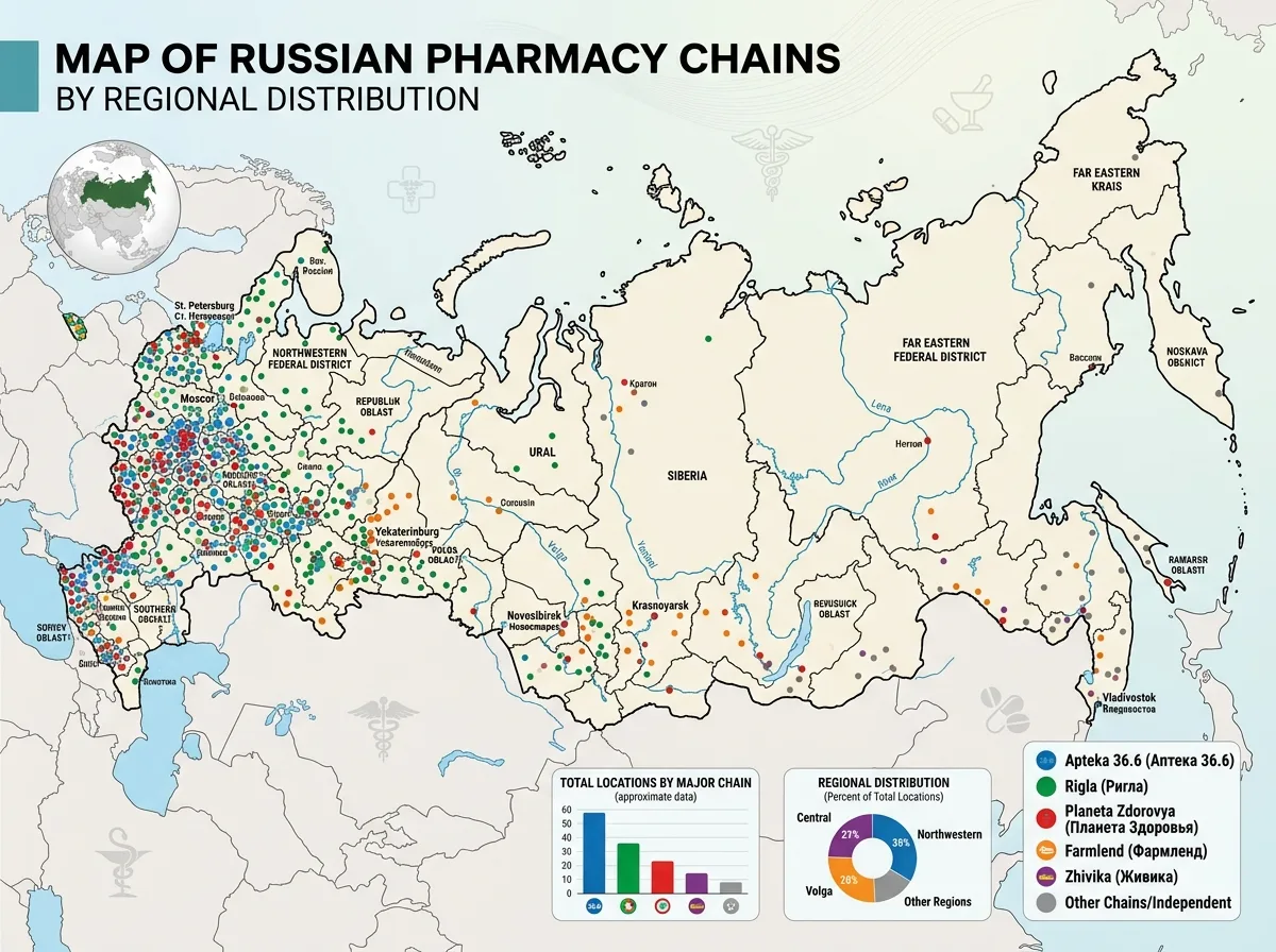 Карта аптечных сетей России с распределением точек по регионам